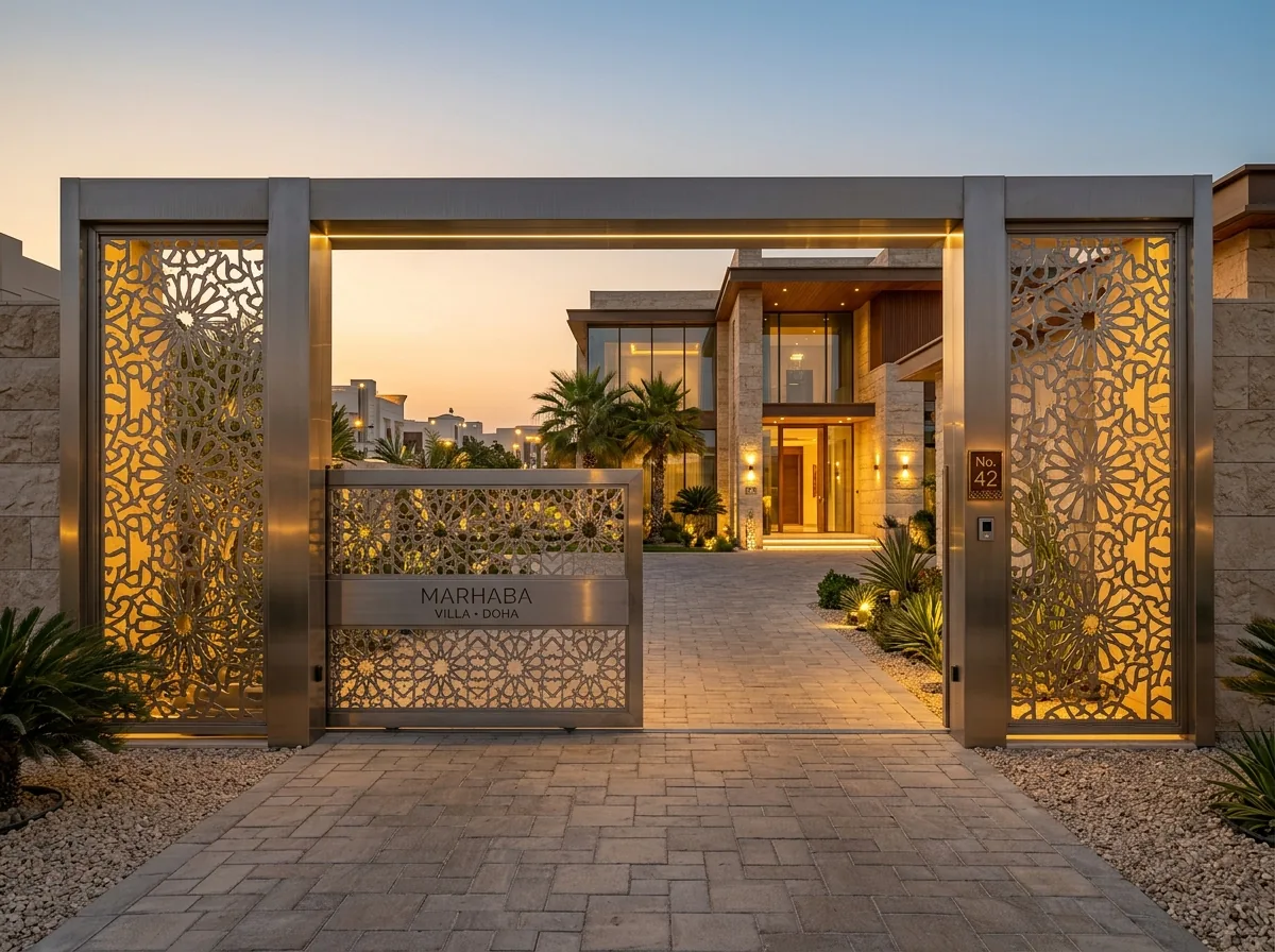 Custom stainless steel gate and privacy screen fabrication Qatar villa